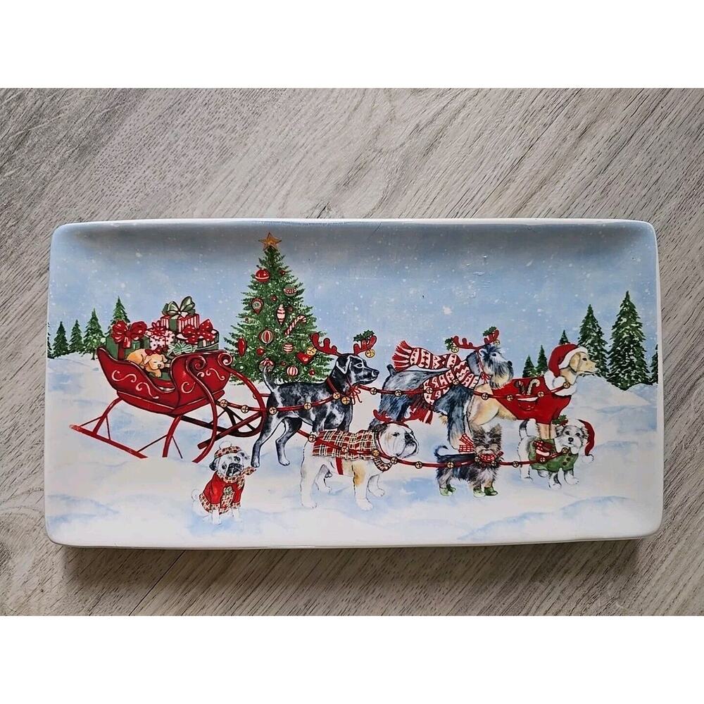 HOLLY HILL Christmas Santa Puppies Dog Holiday Rectengular Serving Plate 10"x5"